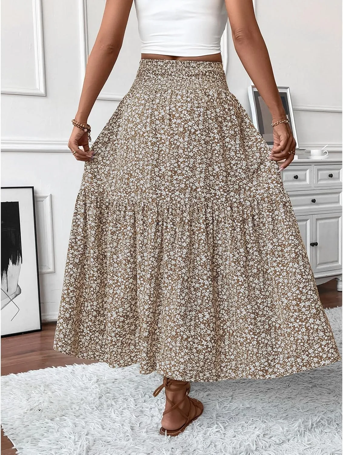 Floral Maxi Skirt for Women Smocked High Waist Skirt A-Line Flowy Ruffle Long Skirts Boho Vacation Long Skirts
