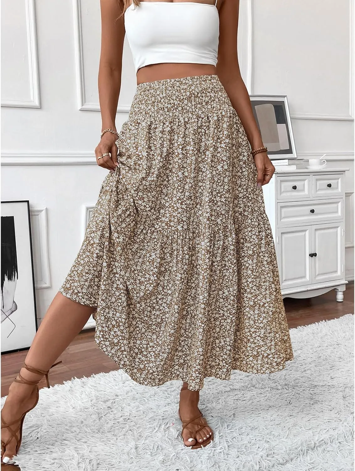 Floral Maxi Skirt for Women Smocked High Waist Skirt A-Line Flowy Ruffle Long Skirts Boho Vacation Long Skirts