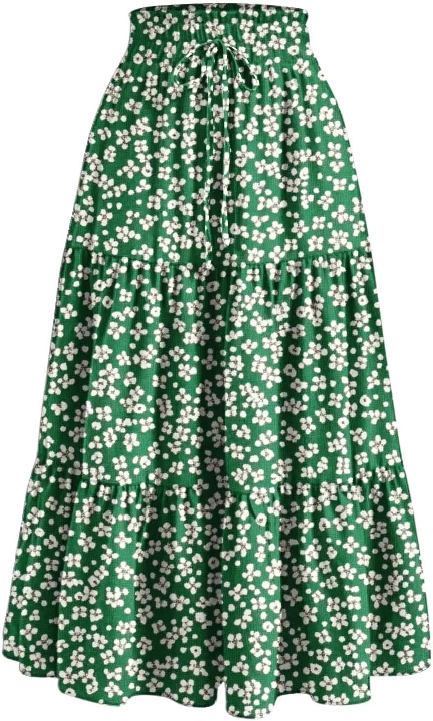 Flowy Skirts for Women Floral A Line Maxi Skirts High Waisted Elegant Tiered Summer Skirts Boho Long Beach Skirts