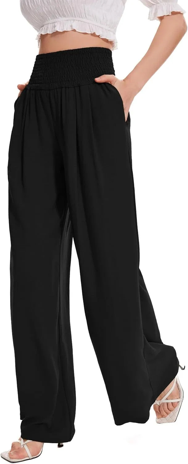 FUNYYZO Women Pull On Pants Elastic Waisted Casual Wide Leg Long Lounge Trousers with Pocket Beach Wear