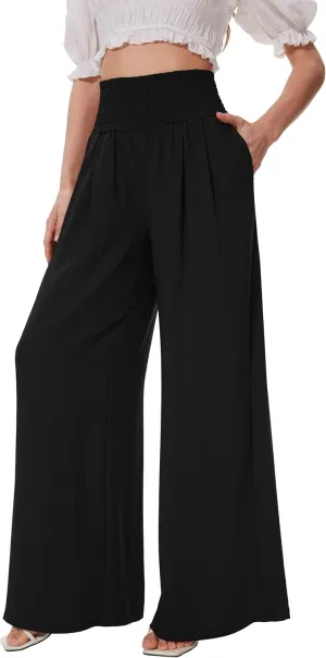 FUNYYZO Women Pull On Pants Elastic Waisted Casual Wide Leg Long Lounge Trousers with Pocket Beach Wear