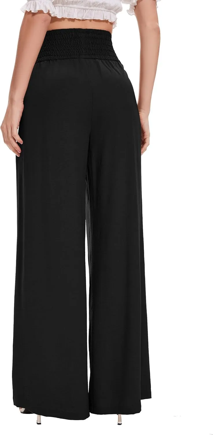FUNYYZO Women Pull On Pants Elastic Waisted Casual Wide Leg Long Lounge Trousers with Pocket Beach Wear