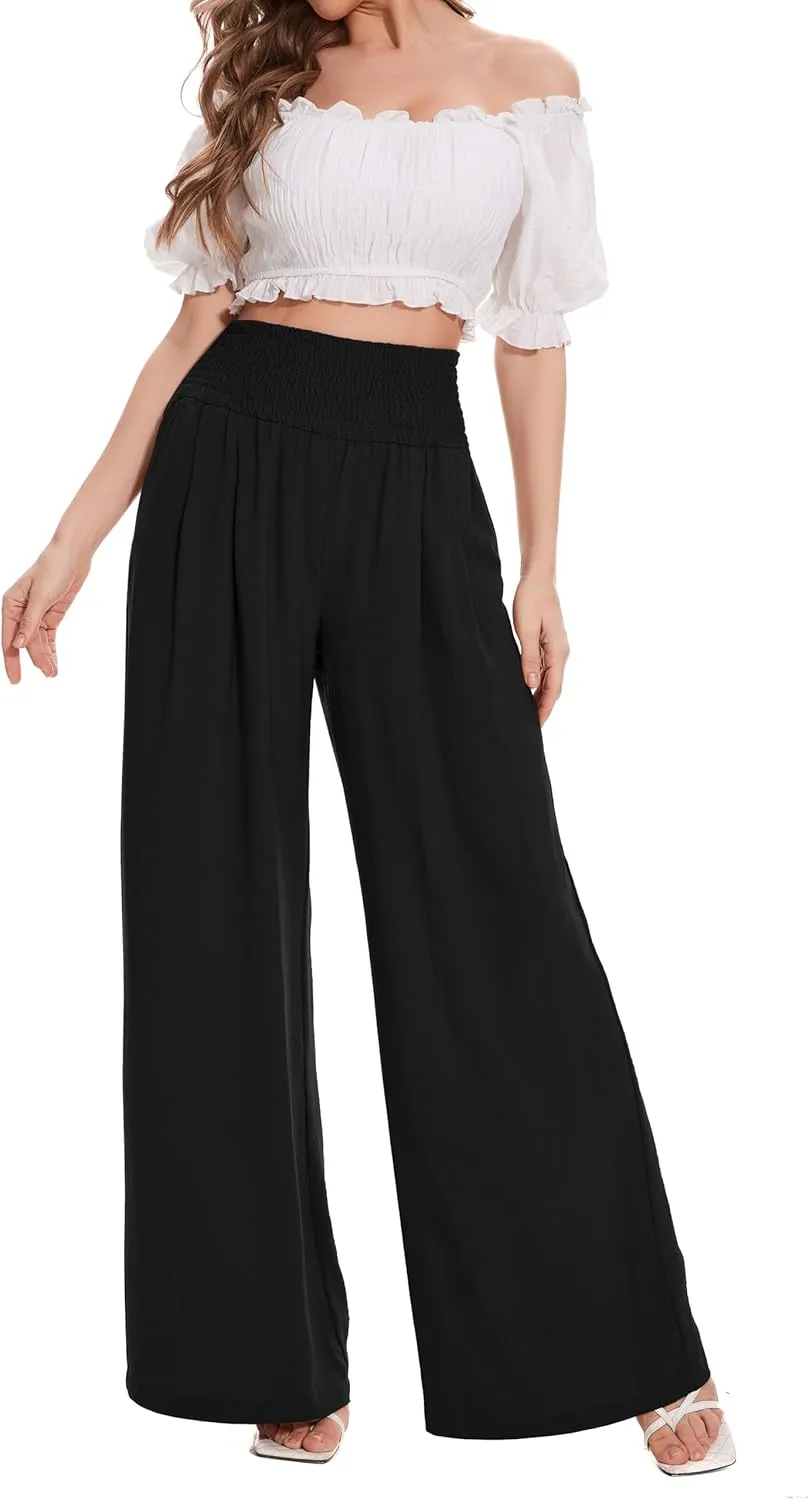 FUNYYZO Women Pull On Pants Elastic Waisted Casual Wide Leg Long Lounge Trousers with Pocket Beach Wear