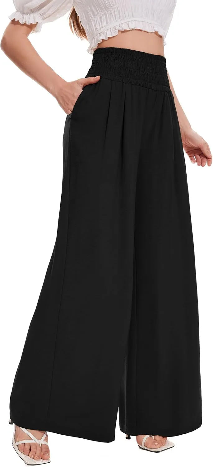 FUNYYZO Women Pull On Pants Elastic Waisted Casual Wide Leg Long Lounge Trousers with Pocket Beach Wear