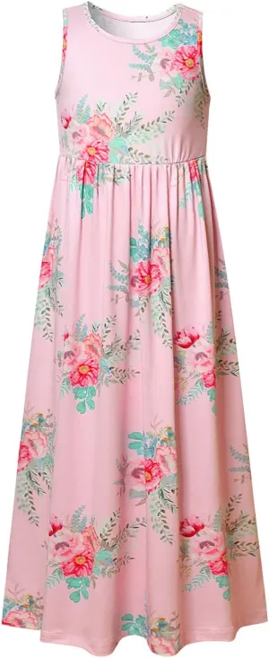 Girl Maxi Dress with Pockets Summer Floor Length Floral Sleeveless/Short Sleeve