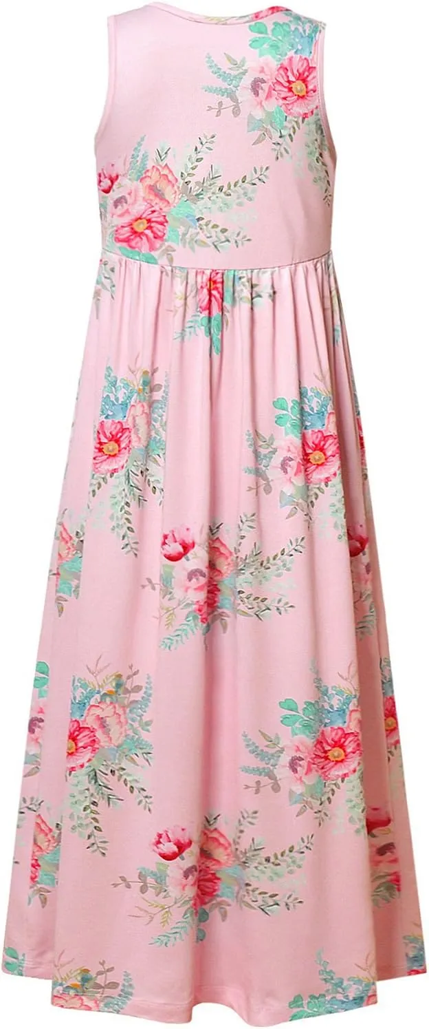 Girl Maxi Dress with Pockets Summer Floor Length Floral Sleeveless/Short Sleeve