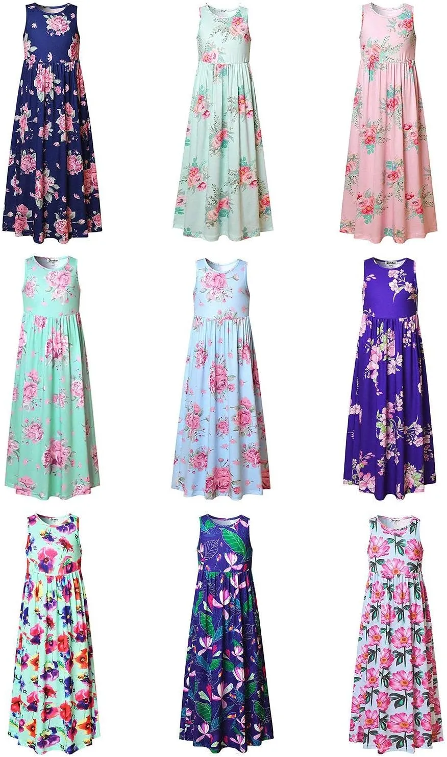 Girl Maxi Dress with Pockets Summer Floor Length Floral Sleeveless/Short Sleeve