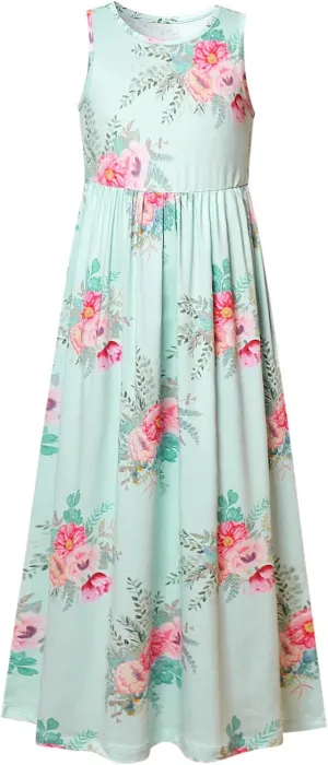Girl Maxi Dress with Pockets Summer Floor Length Floral Sleeveless/Short Sleeve