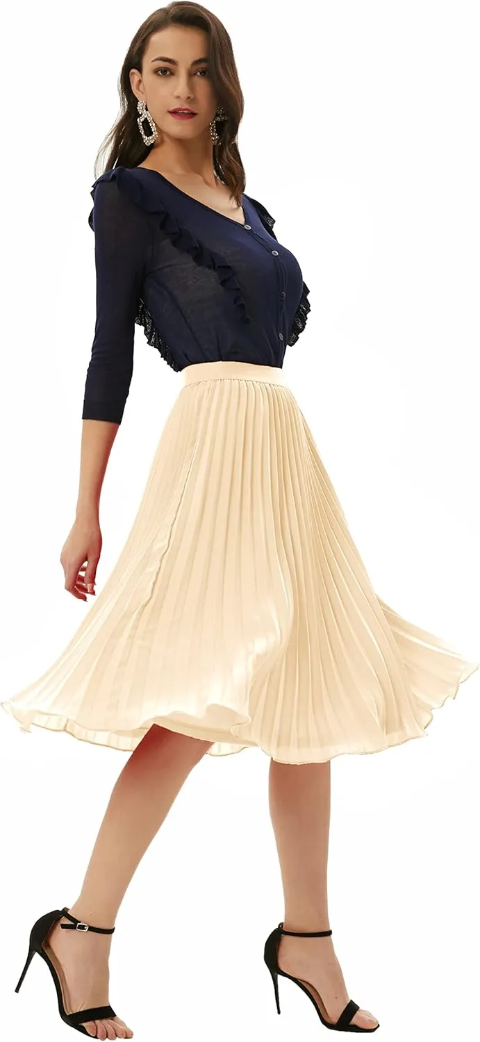 GRACE KARIN Women High Elastic Waist Pleated Chiffon Skirt Midi Swing A-line Skirts