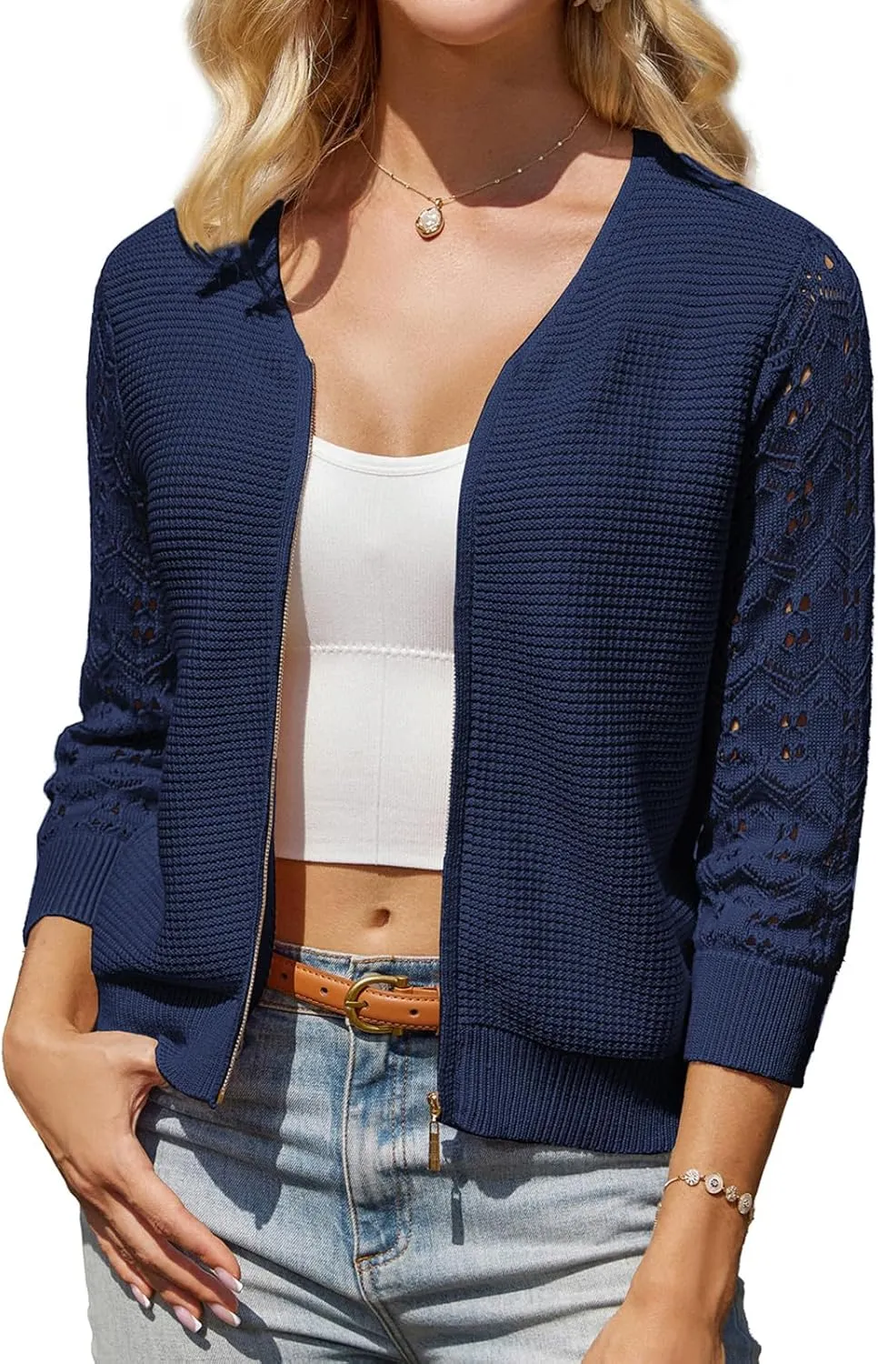 GRACE KARIN Womens Lightweight Summer Cardigan 3/4 Sleeve Cropped Cardigan Dressy Zip Up Cardigans Jacket
