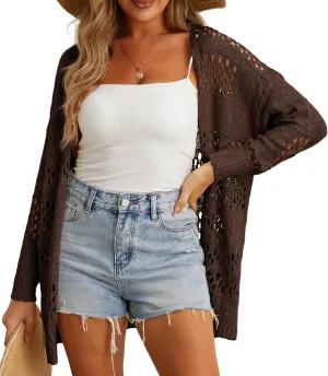 GRECERELLE 2025 Women Summer Crochet Boho Long Sleeve Lightweight Oversized Open Front Cardigan Sweaters Kimonos Tops