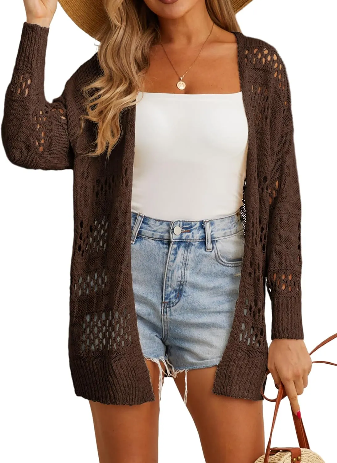 GRECERELLE 2025 Women Summer Crochet Boho Long Sleeve Lightweight Oversized Open Front Cardigan Sweaters Kimonos Tops