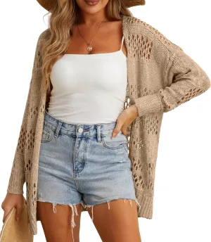 GRECERELLE 2025 Women Summer Crochet Boho Long Sleeve Lightweight Oversized Open Front Cardigan Sweaters Kimonos Tops