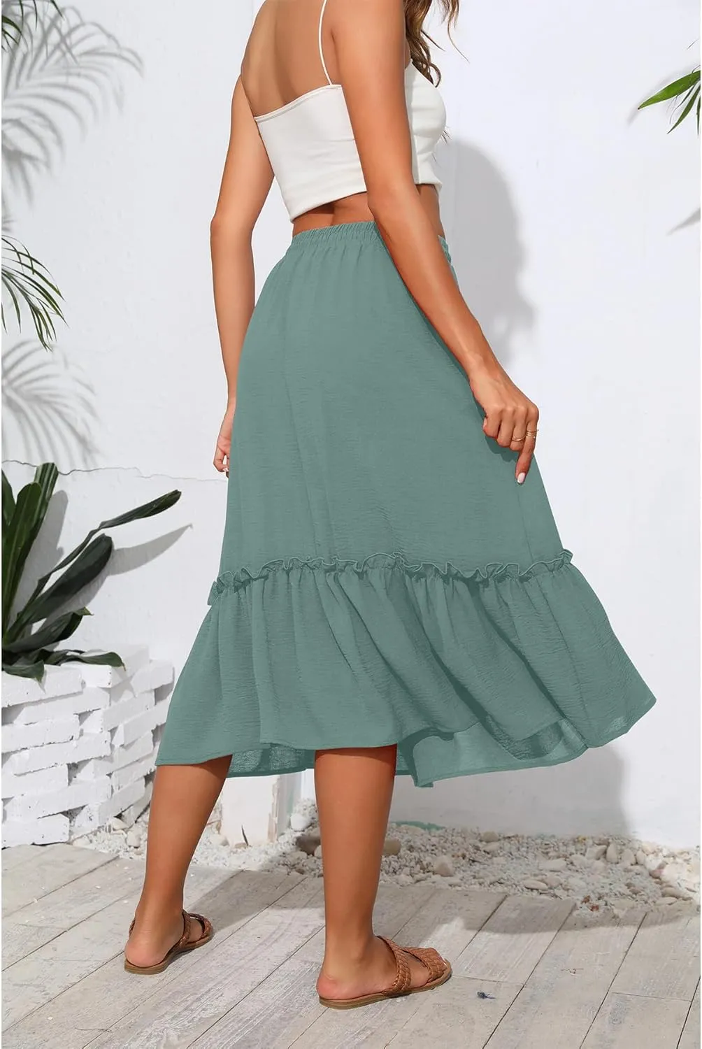 High Waist Tiered Skirts for Women Flowy Skirts for Women Below Knee with Pockets 2025 Fashion Trendy