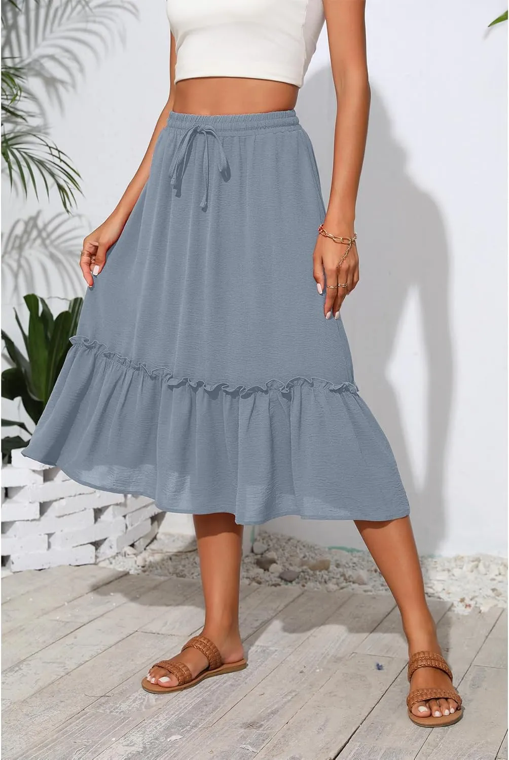 High Waist Tiered Skirts for Women Flowy Skirts for Women Below Knee with Pockets 2025 Fashion Trendy