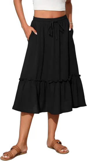 High Waist Tiered Skirts for Women Flowy Skirts for Women Below Knee with Pockets 2025 Fashion Trendy