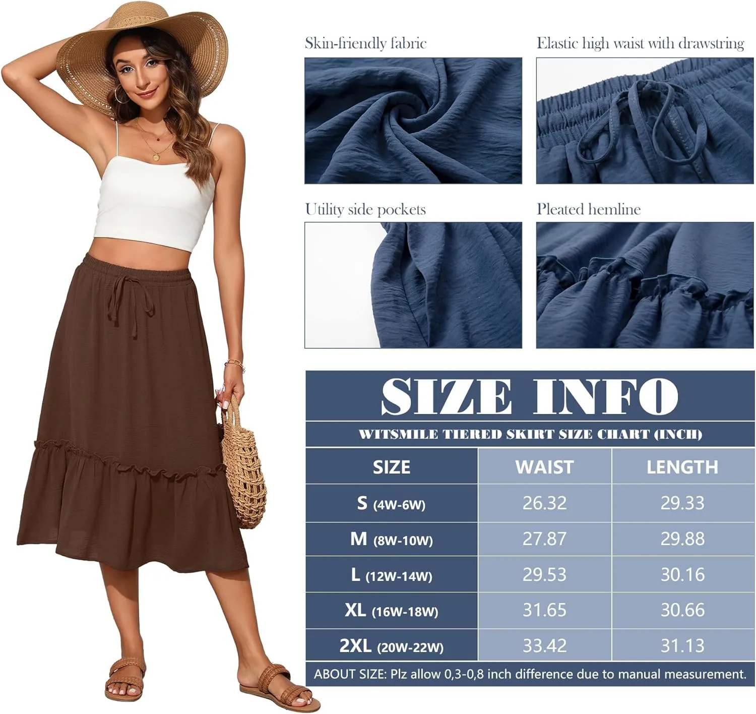 High Waist Tiered Skirts for Women Flowy Skirts for Women Below Knee with Pockets 2025 Fashion Trendy