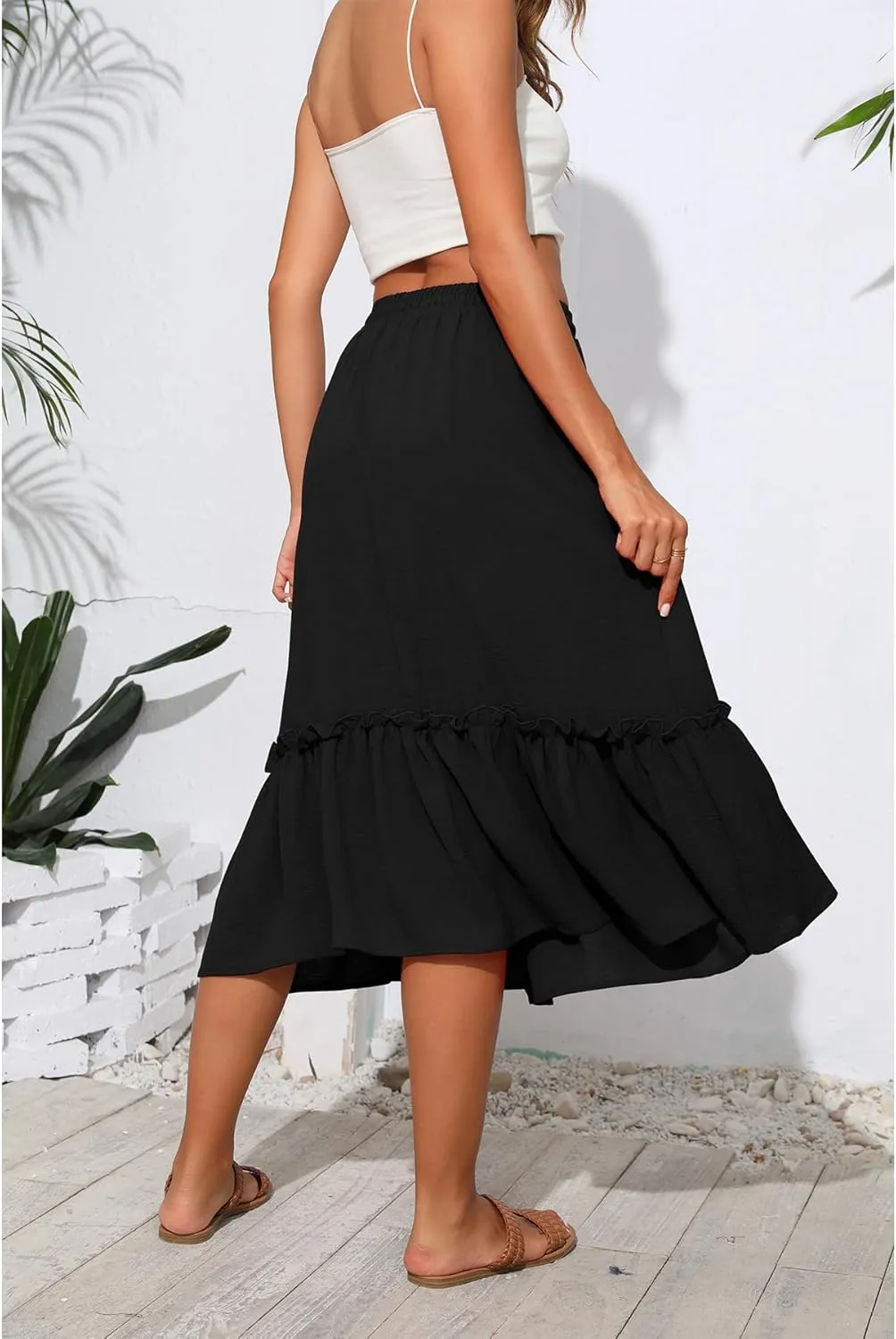 High Waist Tiered Skirts for Women Flowy Skirts for Women Below Knee with Pockets 2025 Fashion Trendy