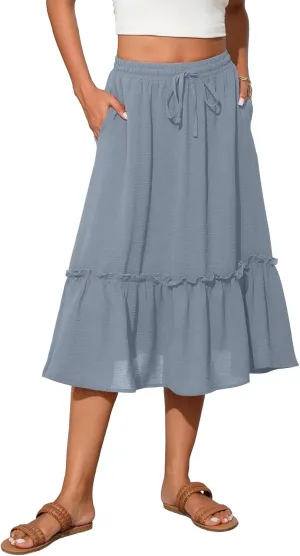 High Waist Tiered Skirts for Women Flowy Skirts for Women Below Knee with Pockets 2025 Fashion Trendy