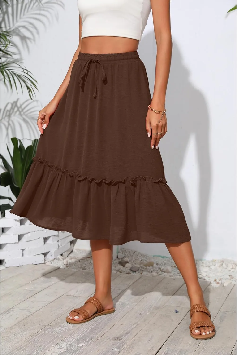 High Waist Tiered Skirts for Women Flowy Skirts for Women Below Knee with Pockets 2025 Fashion Trendy