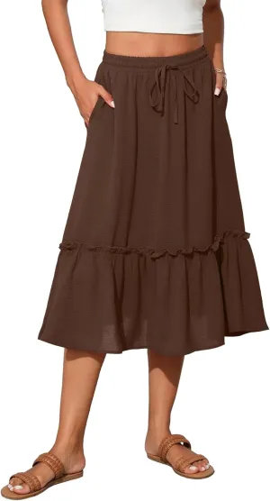 High Waist Tiered Skirts for Women Flowy Skirts for Women Below Knee with Pockets 2025 Fashion Trendy