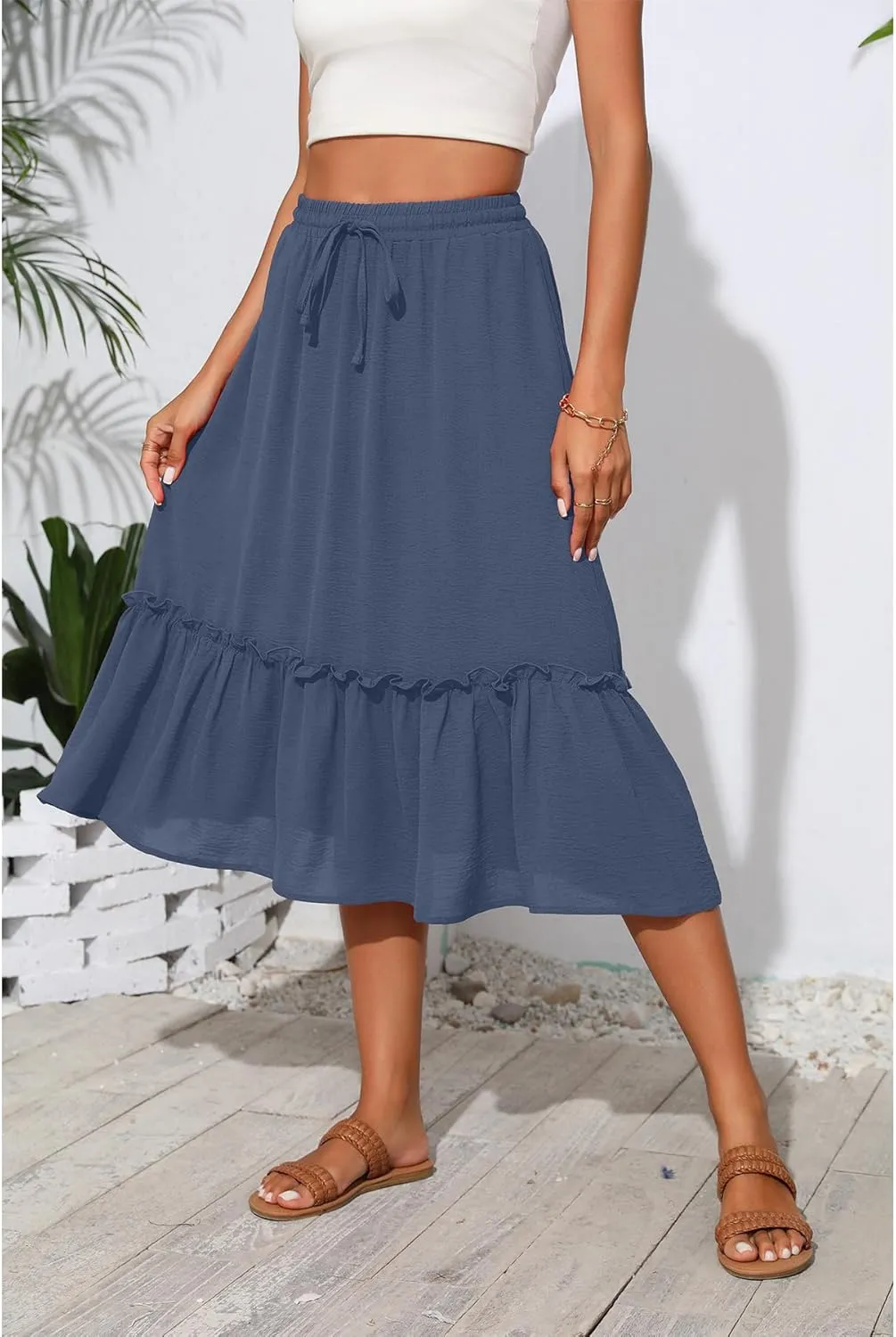 High Waist Tiered Skirts for Women Flowy Skirts for Women Below Knee with Pockets 2025 Fashion Trendy