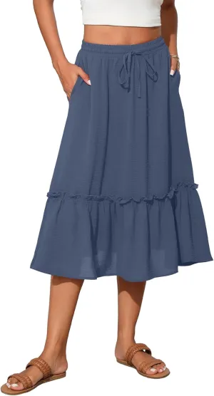High Waist Tiered Skirts for Women Flowy Skirts for Women Below Knee with Pockets 2025 Fashion Trendy