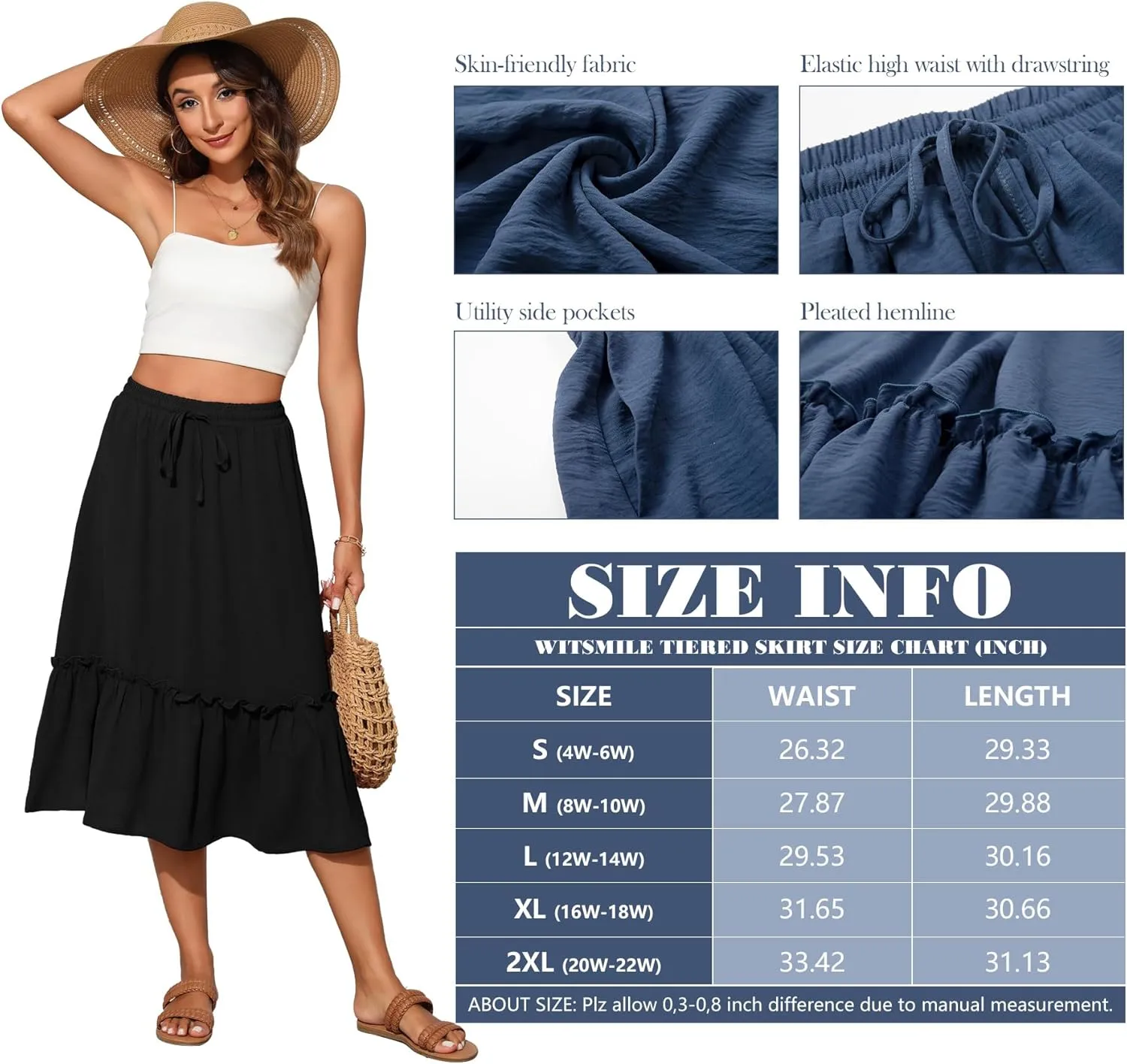 High Waist Tiered Skirts for Women Flowy Skirts for Women Below Knee with Pockets 2025 Fashion Trendy