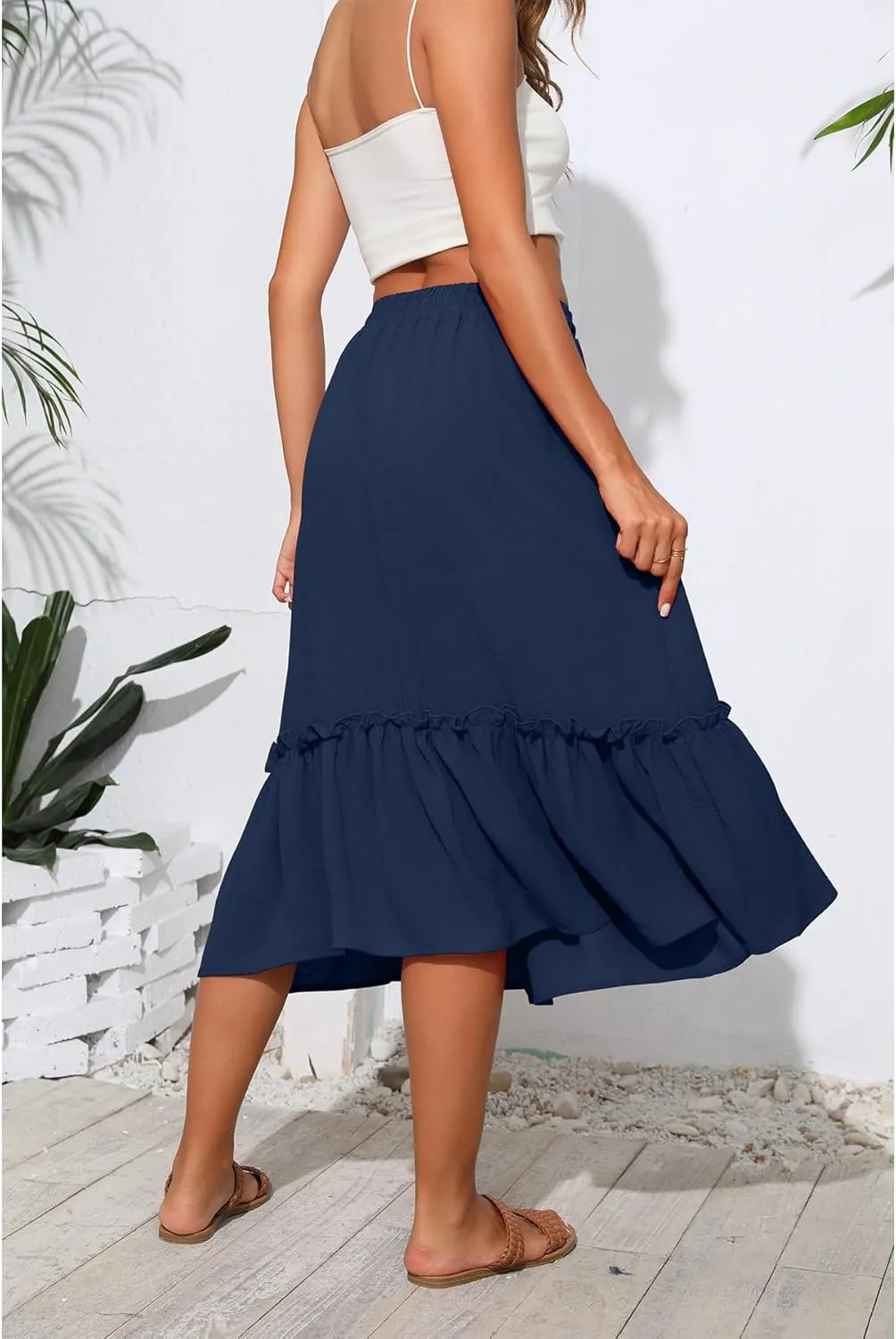 High Waist Tiered Skirts for Women Flowy Skirts for Women Below Knee with Pockets 2025 Fashion Trendy
