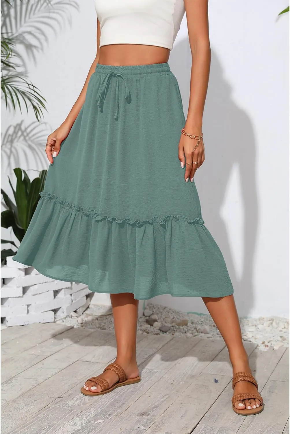 High Waist Tiered Skirts for Women Flowy Skirts for Women Below Knee with Pockets 2025 Fashion Trendy