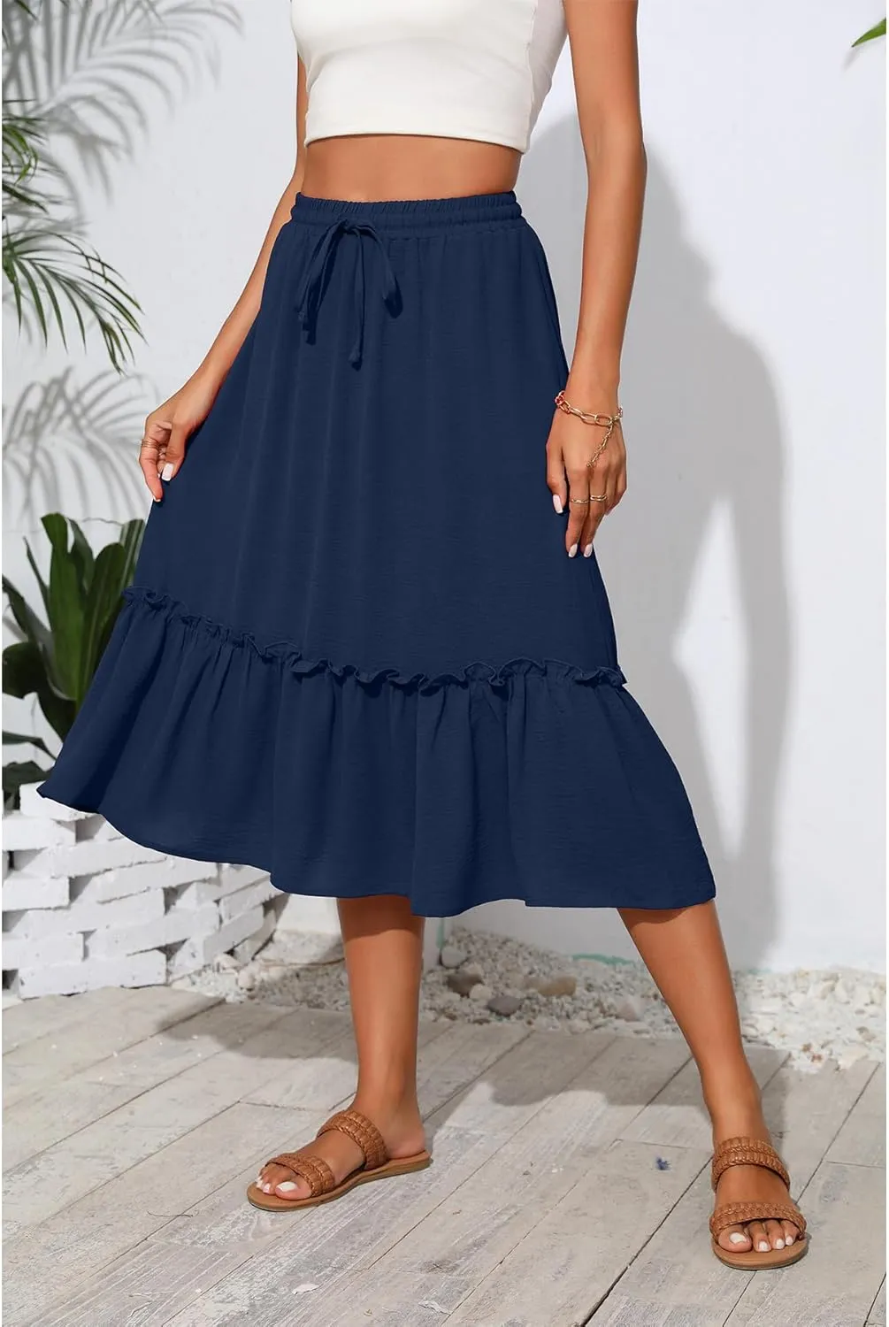 High Waist Tiered Skirts for Women Flowy Skirts for Women Below Knee with Pockets 2025 Fashion Trendy