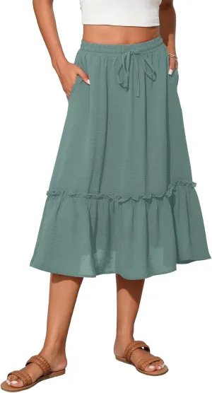 High Waist Tiered Skirts for Women Flowy Skirts for Women Below Knee with Pockets 2025 Fashion Trendy
