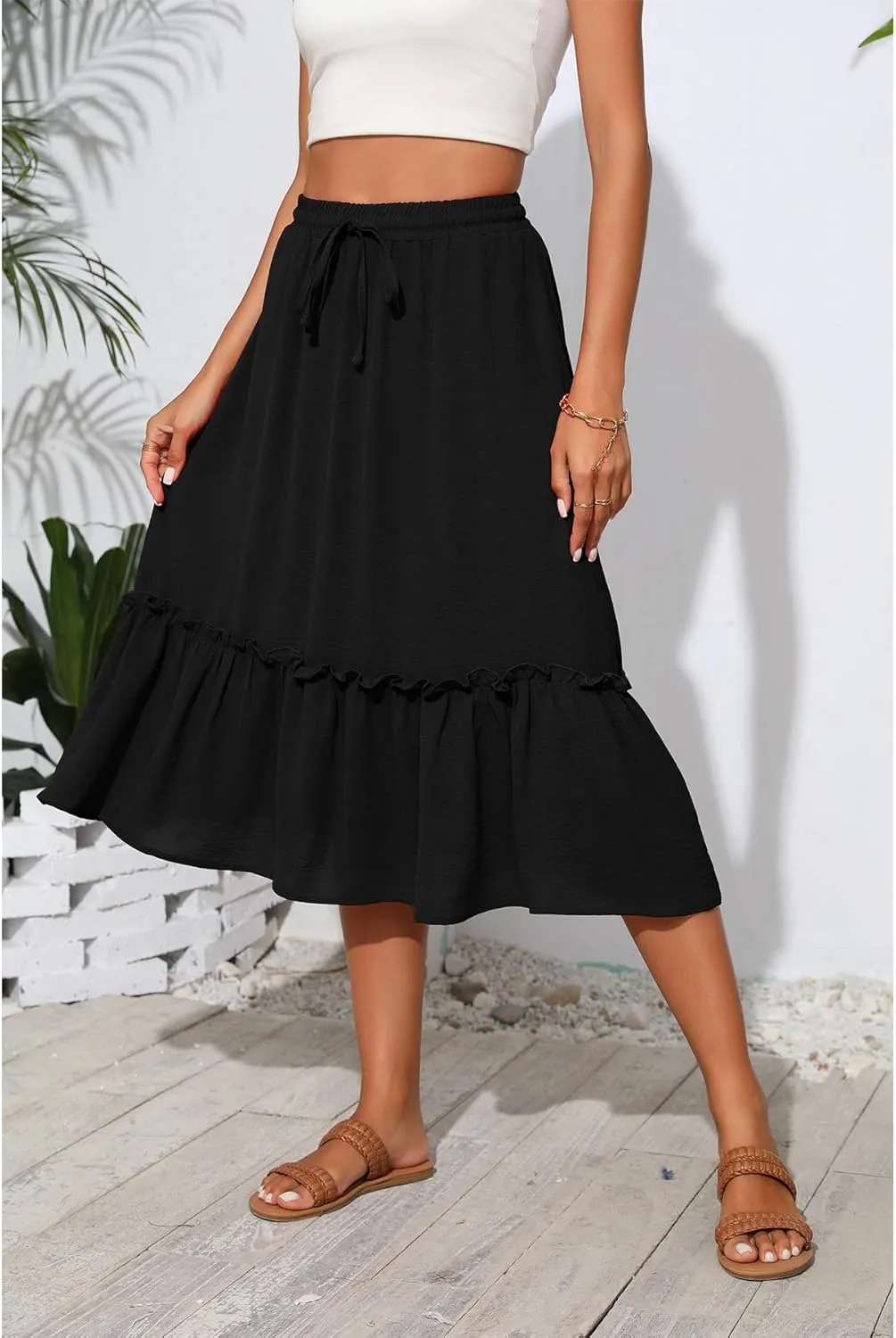 High Waist Tiered Skirts for Women Flowy Skirts for Women Below Knee with Pockets 2025 Fashion Trendy