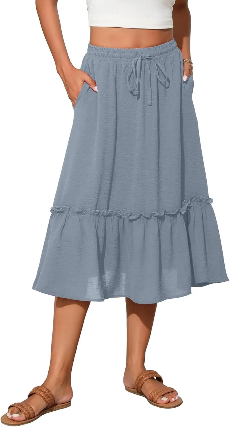 High Waist Tiered Skirts for Women Flowy Skirts for Women Below Knee with Pockets 2025 Fashion Trendy
