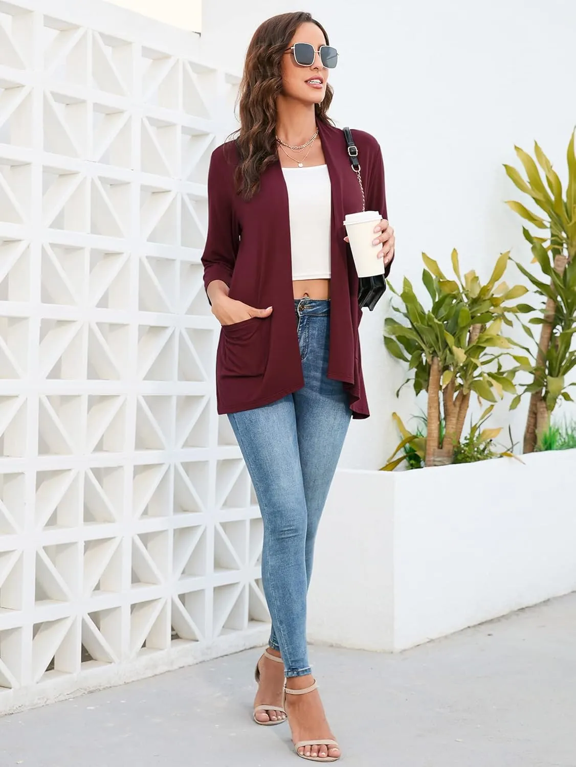 HIYIYEZI Womens Casual Lightweight Cardigans with Pockets 3/4 Sleeve Open Front Dusters