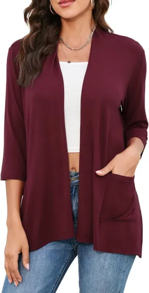 HIYIYEZI Womens Casual Lightweight Cardigans with Pockets 3/4 Sleeve Open Front Dusters