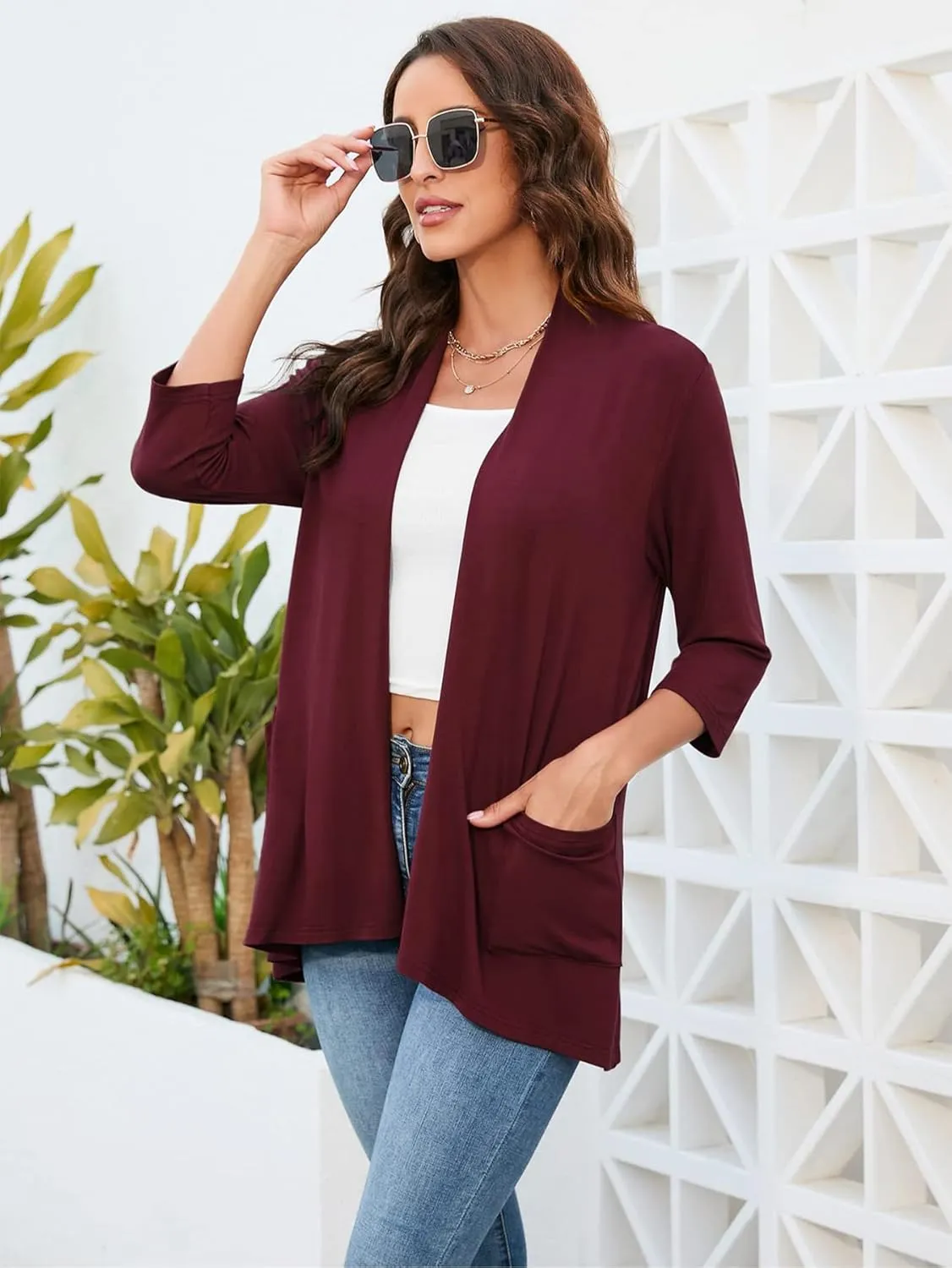 HIYIYEZI Womens Casual Lightweight Cardigans with Pockets 3/4 Sleeve Open Front Dusters