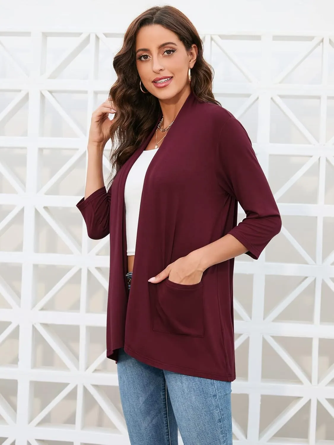 HIYIYEZI Womens Casual Lightweight Cardigans with Pockets 3/4 Sleeve Open Front Dusters