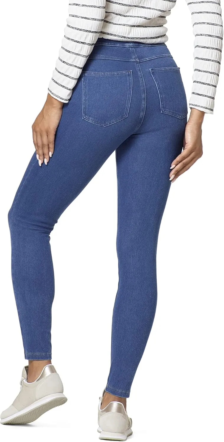HUE Women's Essential Denim Leggings with Pockets Curvy Fit Pull On Pants, Available in Plus Size