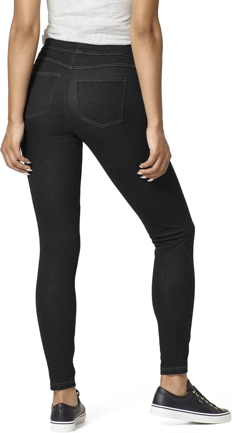 HUE Women's Essential Denim Leggings with Pockets Curvy Fit Pull On Pants, Available in Plus Size