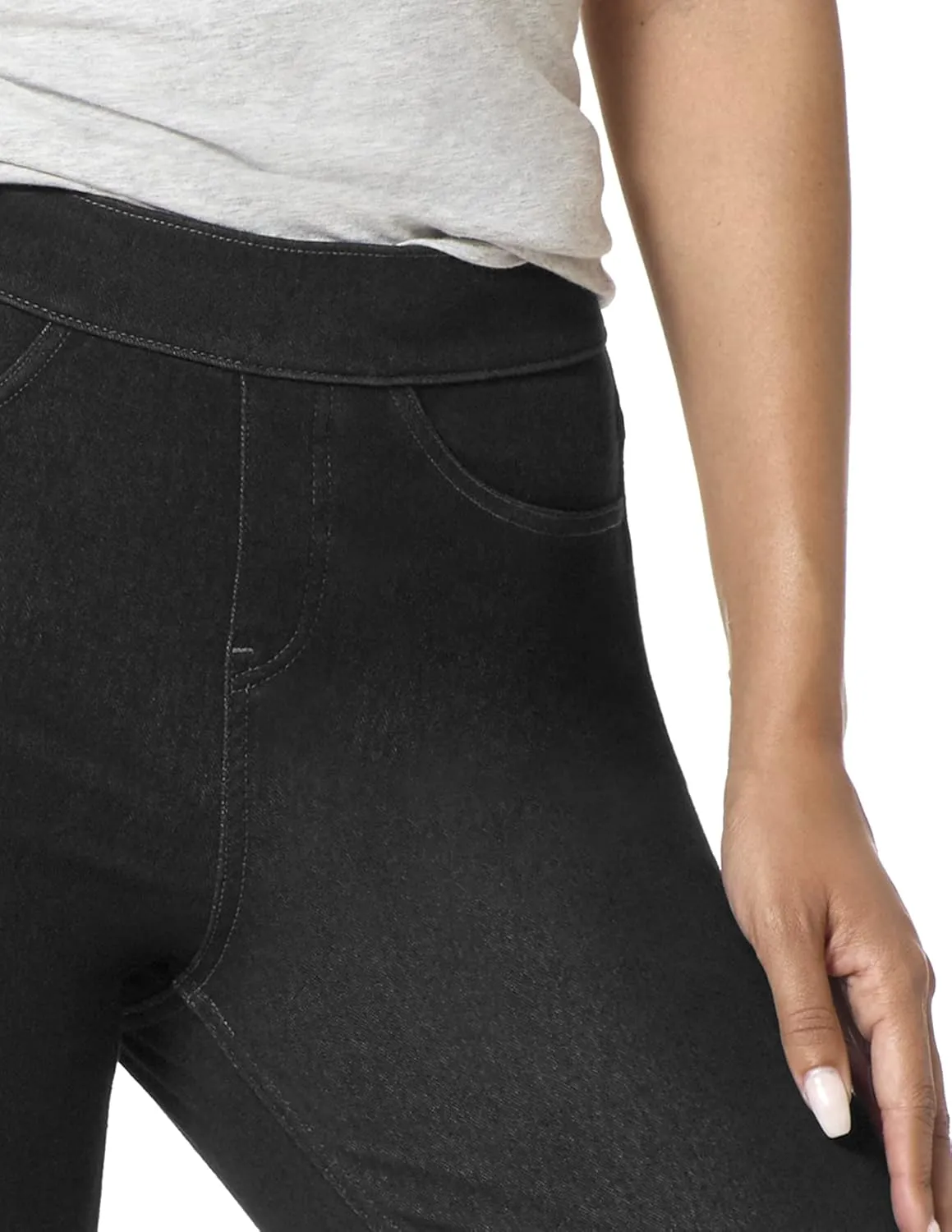 HUE Women's Essential Denim Leggings with Pockets Curvy Fit Pull On Pants, Available in Plus Size