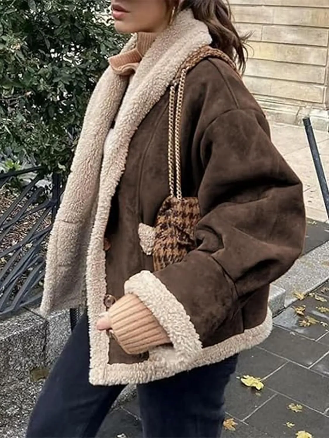 IDEALSANXUN Fleece Sherpa Lined Jackets for Women Winter Fuzzy Faux Suede Leather Jacket Thick Warm Shearling Coats