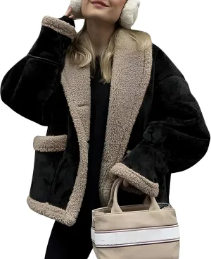 IDEALSANXUN Fleece Sherpa Lined Jackets for Women Winter Fuzzy Faux Suede Leather Jacket Thick Warm Shearling Coats