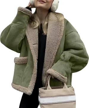 IDEALSANXUN Fleece Sherpa Lined Jackets for Women Winter Fuzzy Faux Suede Leather Jacket Thick Warm Shearling Coats