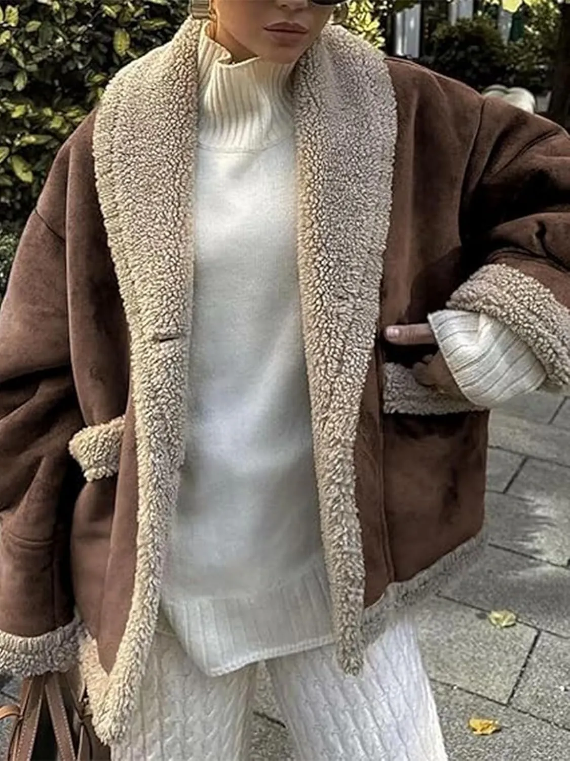 IDEALSANXUN Fleece Sherpa Lined Jackets for Women Winter Fuzzy Faux Suede Leather Jacket Thick Warm Shearling Coats