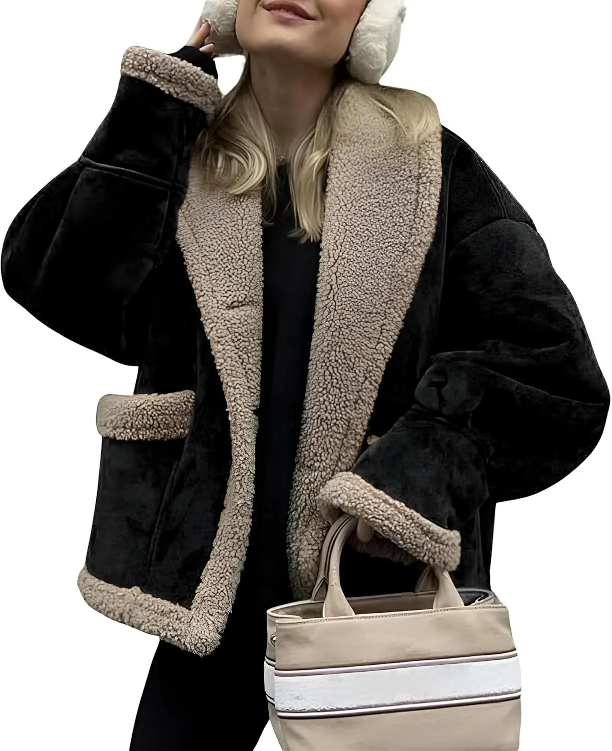 IDEALSANXUN Fleece Sherpa Lined Jackets for Women Winter Fuzzy Faux Suede Leather Jacket Thick Warm Shearling Coats