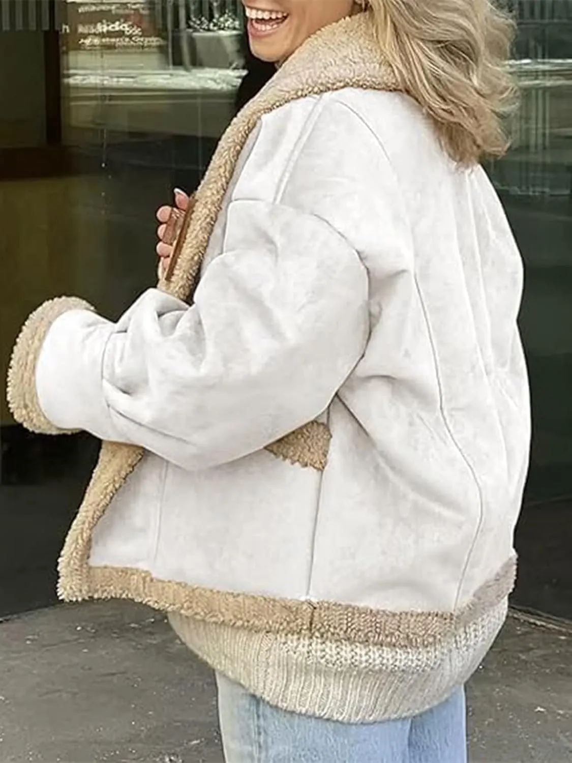 IDEALSANXUN Fleece Sherpa Lined Jackets for Women Winter Fuzzy Faux Suede Leather Jacket Thick Warm Shearling Coats