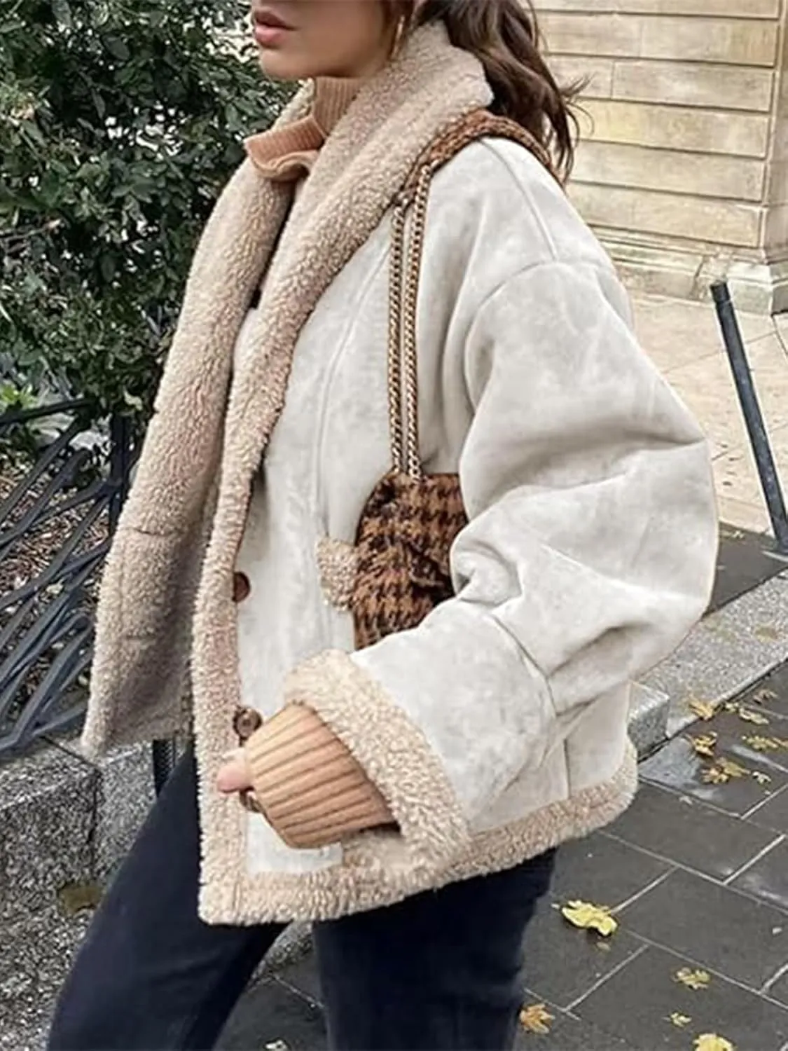 IDEALSANXUN Fleece Sherpa Lined Jackets for Women Winter Fuzzy Faux Suede Leather Jacket Thick Warm Shearling Coats