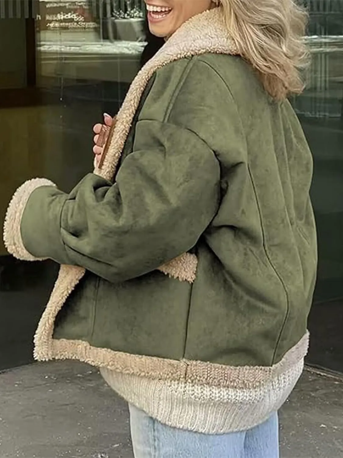 IDEALSANXUN Fleece Sherpa Lined Jackets for Women Winter Fuzzy Faux Suede Leather Jacket Thick Warm Shearling Coats