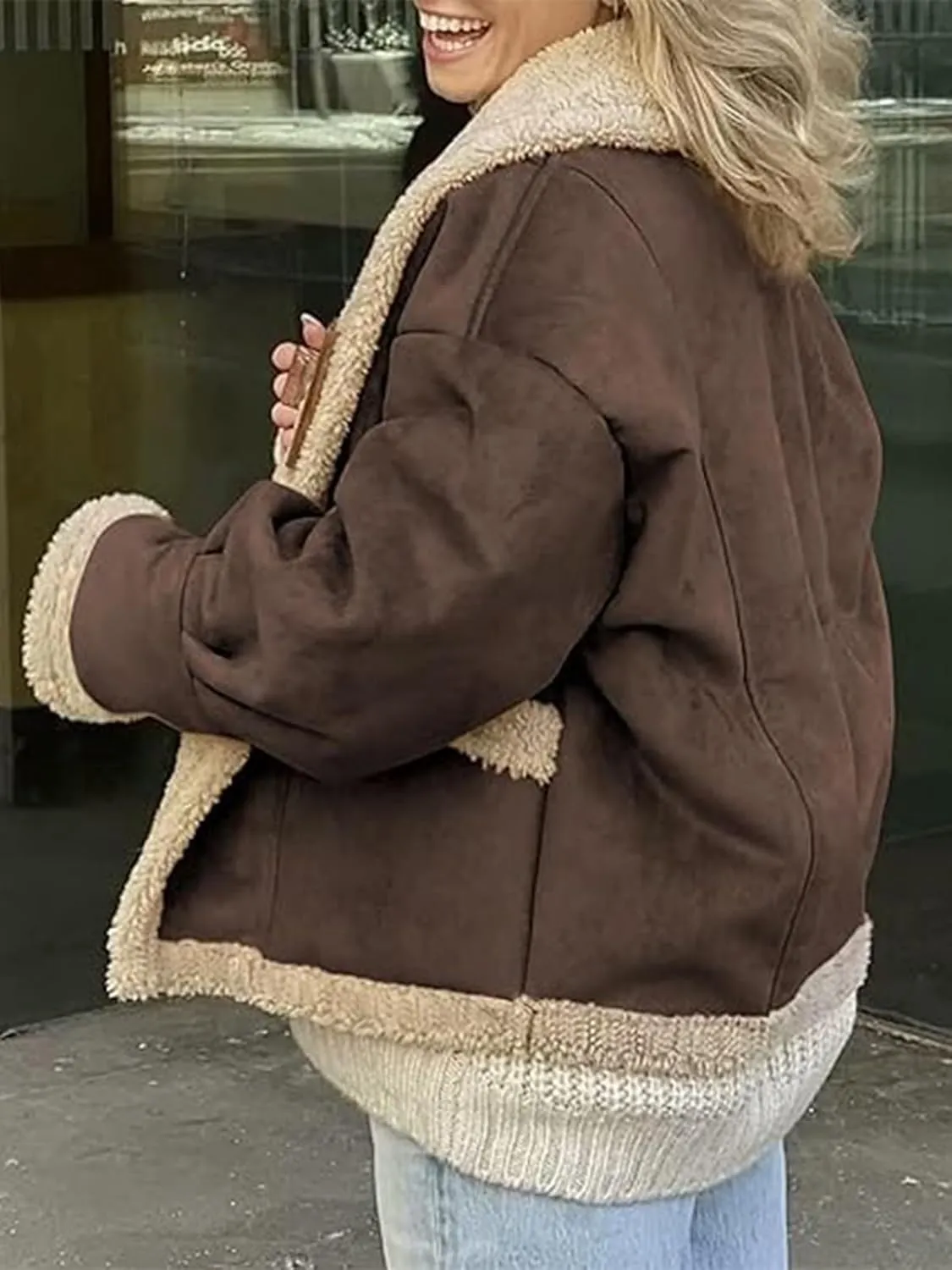 IDEALSANXUN Fleece Sherpa Lined Jackets for Women Winter Fuzzy Faux Suede Leather Jacket Thick Warm Shearling Coats